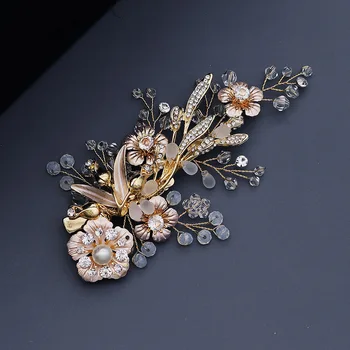 

Dull Polish Crystal Pearl Side Clip Retro Palace Style Gold-Tone Flower Barrettes Elegant MORI Series Bride Headband Head Access