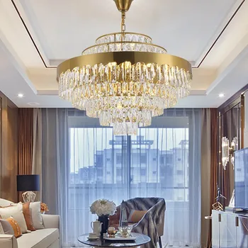 

Post-modern gold round chandeliers led crystal island lustre designers indoor lighting hang lights for living room bedroom