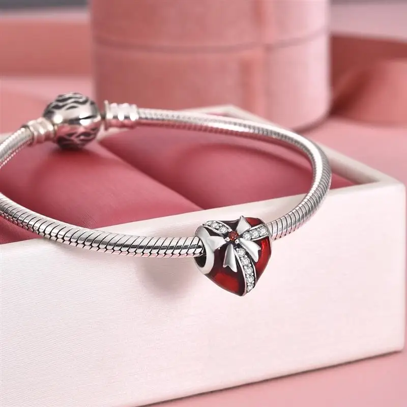 DALARAN Classic CZ Heart Shape Charms Sterling Silver 925 Love Red Enamel Bead For Pandora Original Charm Bracelet DIY Gift