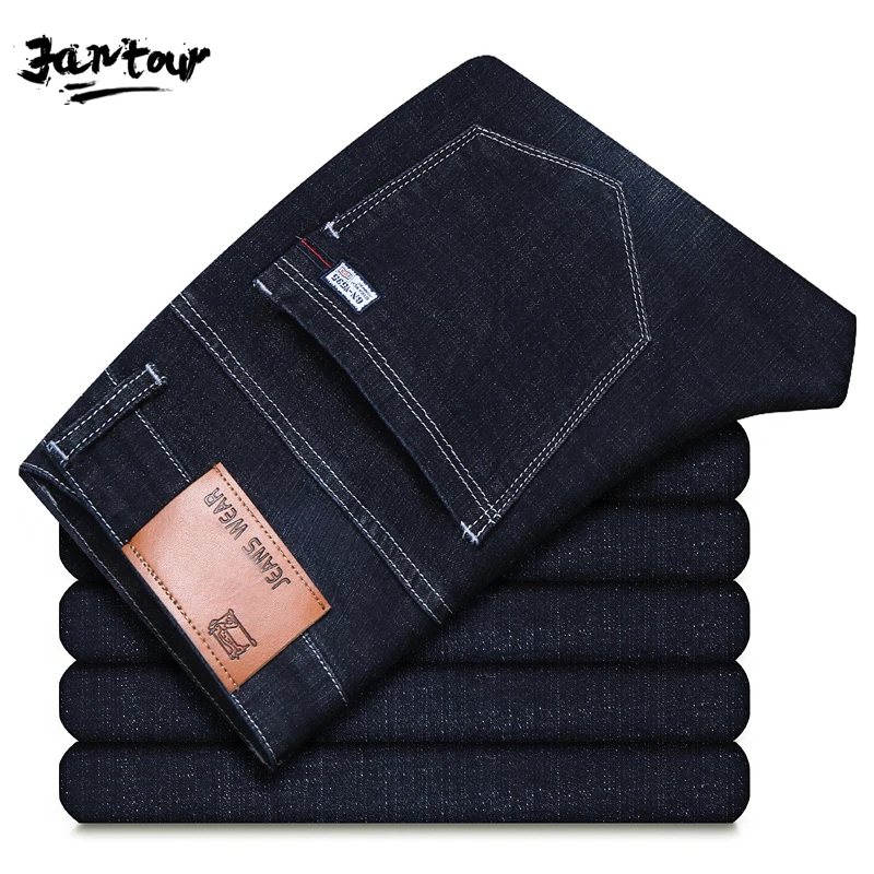 

2019 New Business Mens Classic Denim Jeans blue Black winter thick Straight Fit Pants High Stretch Fashion Skinny Male Jeans