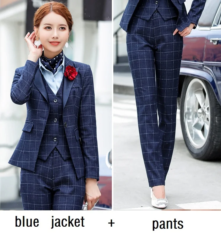 blue jacket pants Женские костюмы, облегающие осенне-зимние клетчатые блейзеры, куртки и штаны, комплект из 2 предметов, Деловые женские брючные костюмы, женские комплекты, костюмы 1509 - Цвет: blue jacket pants