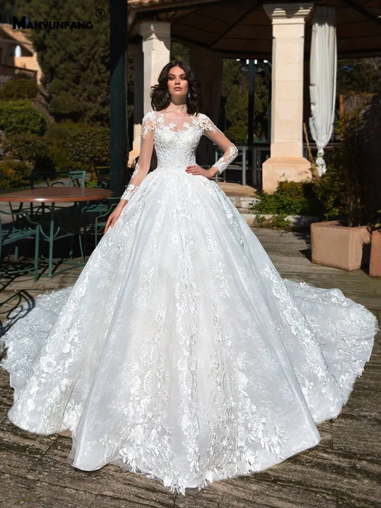 MANYUNFANG sexy wedding dress sheer neck and sleeves vestidos noiva long train long sleeve wedding dress women 2020 style MANYUNFANG sexy wedding dress sheer neck and sleeves vestidos noiva long train long sleeve wedding dress women 2020 style