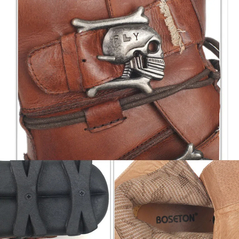Skup Męskie skórzane buty do pracy ze skóry wołowej buty wojskowe gotyckie czaszki Punk buty motocyklowe typu martin męskie wspinaczka konna