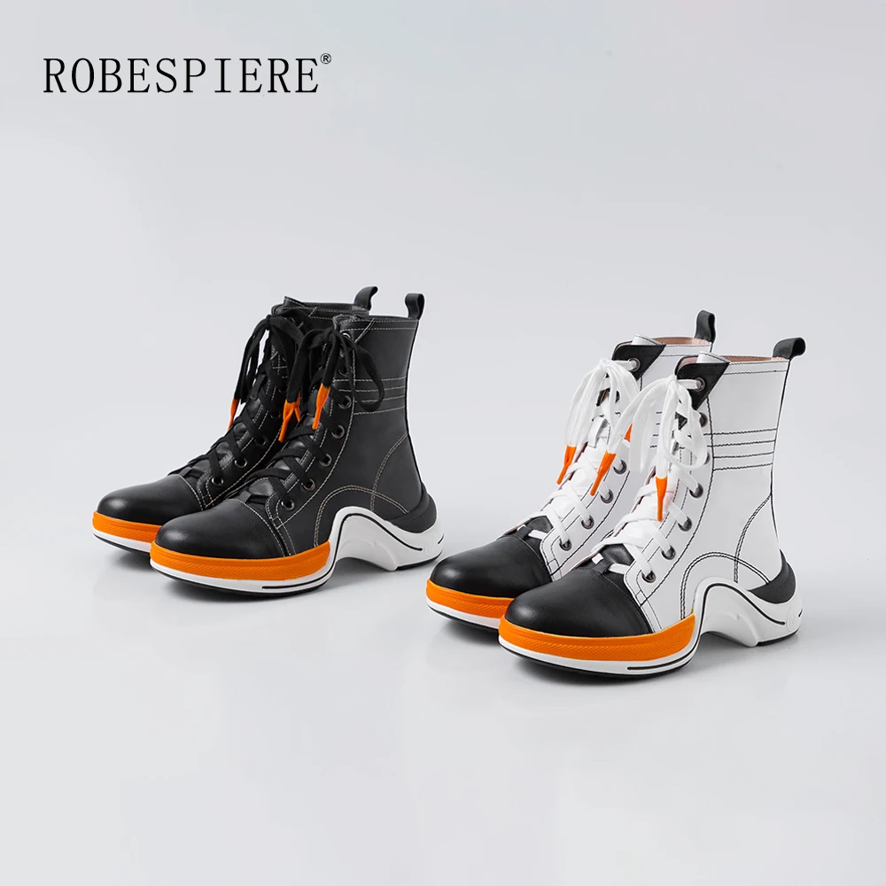 ROBESPIERE/ботинки из натуральной кожи; женские новые кроссовки; стильная плюшевая Повседневная обувь; женские разноцветные ботильоны на платформе со шнуровкой; B43