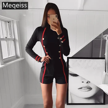 

New Fashion Elegant Black Sexy Button decoration Turtleneck Long Sleeves Wholesale Celebrity Party Skinny Women Bandage Jumpsuit