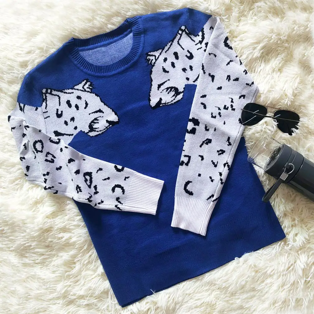 Royal blue Осенний вязаный укороченный свитер для женщин с леопардовым узором, вязаный свитер с длинным рукавом, пуловеры для женщин, зимний свободный джемпер - Цвет: Royal blue