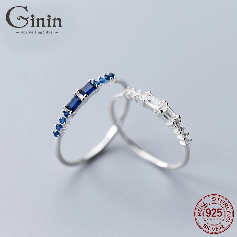 

Ginin 925 Sterling Silver Rectangular 5A Dazzling Blue Zircon Ring Femme Simple Trend Luxury Finger Jewelry Woman Gift Bijou