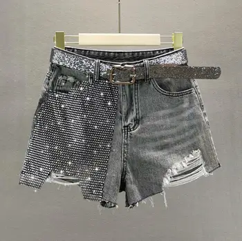 

Thin sections smoke black denim shorts women's 2020 summer new fashion diamond hole wide leg hot shorts r994