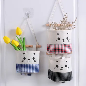 

Canvas Cotton Storage Bag Scissors Cosmetics Glasses Dorm Room Organizer Cartoon Cat Pattern Home Office Desk Hanging Storage