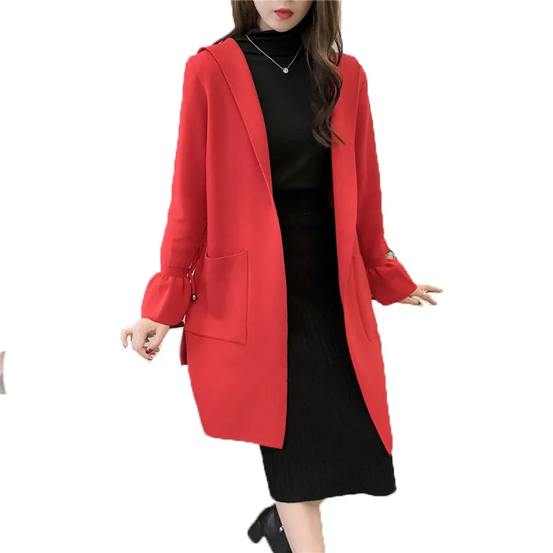 

long knitted sweater women plus size loose Cardigan autumn winter new red purple black long sleeve hooded fashion sweater LR505