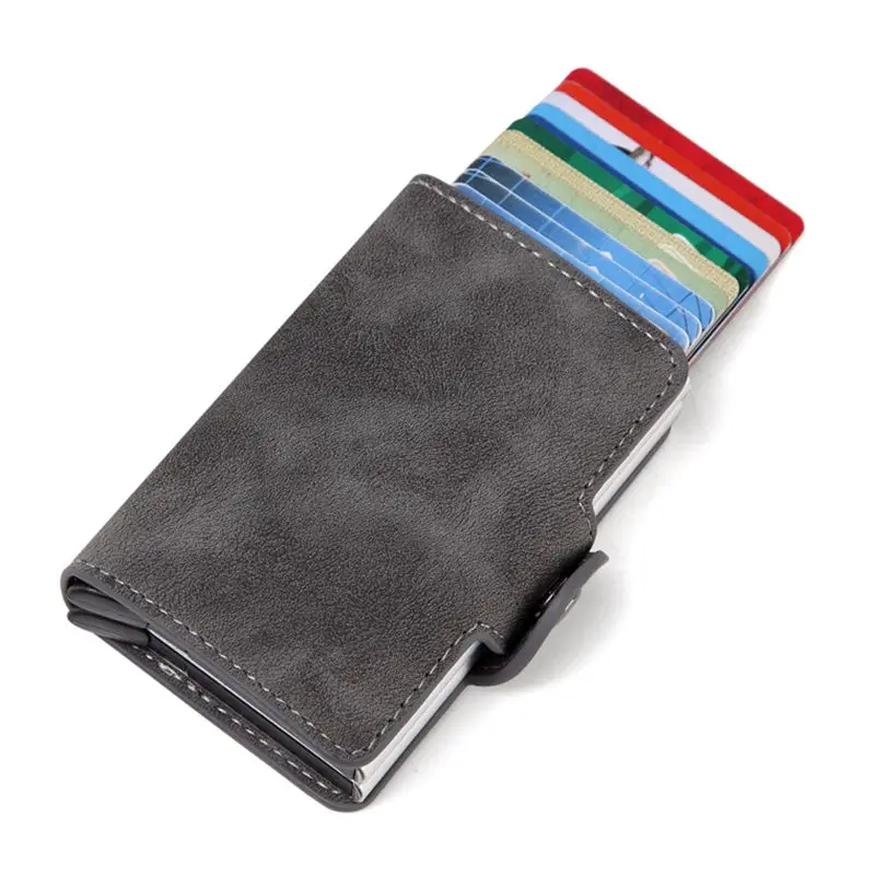

Men double Aluminum Wallet Leather Credit Card Holder RFID Metal Wallet Automatic pop up Antitheft Purse Business ID Cardholder