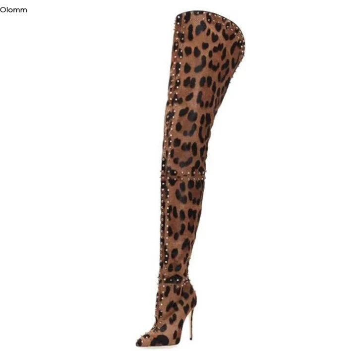 Olomm New Women Thigh High Boots Stiletto High Heels Boots Pointed Toe Gorgeous Leopard Night Club Shoes Women Plus US Size 5-15