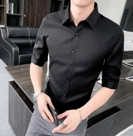England Gentlemen Men Slim Fit Half Sleeve Dress Shirt Handsome Outfit Look Stylish Korean - Цвет: Черный