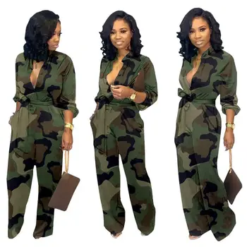 

V Neck Camouflage Print Buttoned Jumpsuit Women Long Sleeve Rompers Party Club Jumpsuits
