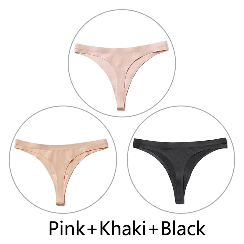 Pink-Khaki-Black 3 шт./партия, Сексуальные Бесшовные прозрачные трусики, женские трусики с низкой талией, трусики-стринги, нижнее белье, женские трусы-танга, стринги большого размера - Цвет: Pink-Khaki-Black