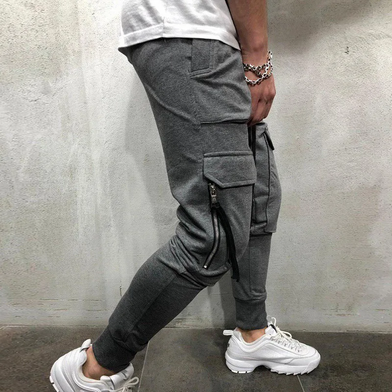 

2019 Men Sport Pants With Pockets Casual Joggers Zipper Hip Hop Sweatpants Drawstring Trousers Men Pencil Harem Pants Gym Homme