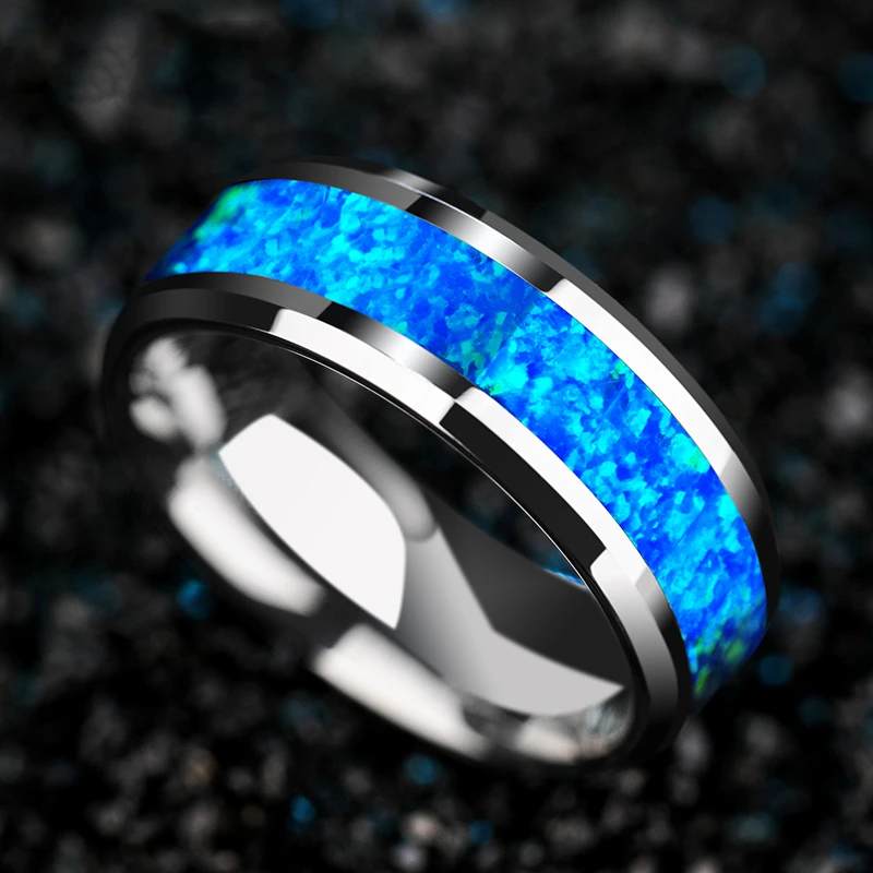 Wedding ring tungsten ring 8mm tungsten steel inlaid blue opal men's never-faded engagement promise jewelry gift