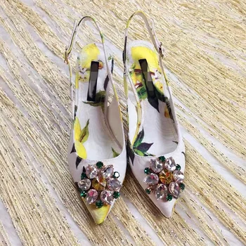 

Bling Crystal Embellished Woman Sandals Brand Lady Stiletto Lemon Floral Print Buckle Design Women Gladiator Slingback Shoes