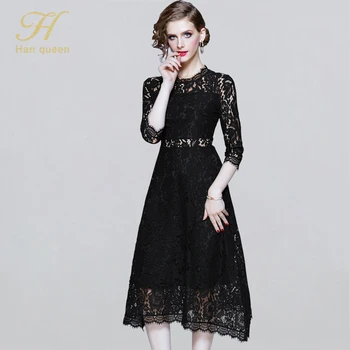 

H Han Queen Black Hollow Out Dress Women Autumn Winter Lace Party Dress Vestidos Ladies Fashion Slim Work Casual Dresses 2019