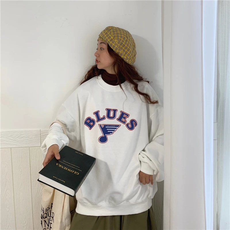 Letter Print Hoodies Women O-Neck Long Sleeve Long Sweatshirts Pullovers Casual Coat Autumn Korean Harajuku Loose Hoodies V529