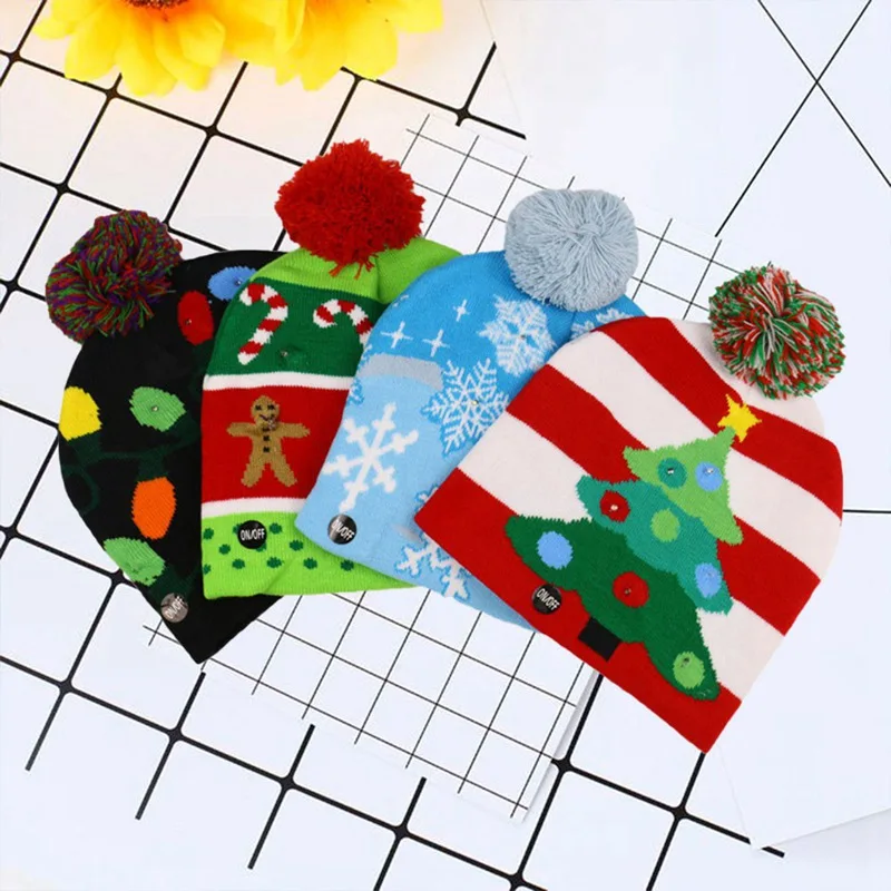 Светодиодный Рождественский головной убор, шапочка, свитер, Рождественская Шляпа Санты, шарф, светящаяся вязаная шапка для детей, взрослых, для рождественской вечеринки