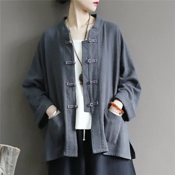

Women Stand Collar Vintage Cotton Linen Jackets Cotton Long Sleeve Spring New Female Pockets Linen Coats Grey Plus Size