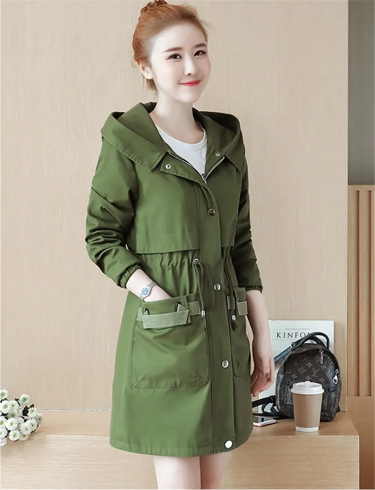 Новинка, весенне-осенний женский Хлопковый тренч, модная верхняя одежда с капюшоном для студентов, плюс размер, тонкая женская ветровка, пальто A2911 - Цвет: ArmyGreen 2911-5