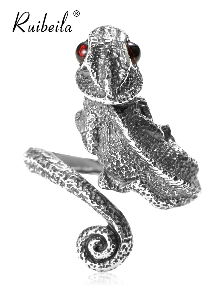 

ruibeila three-dimensional curly tail lizard open adjustable ring men 925 sterling silver personalized animal ring