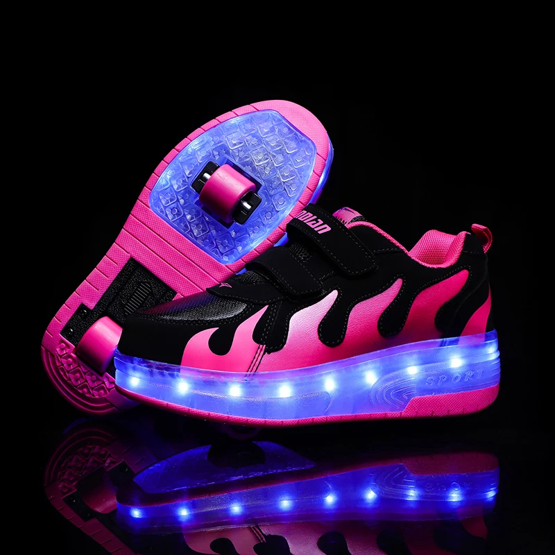 

Eur28-42 Two Sneakers With Wheels USB Charging Glowing Led Light up Heelies Roller Skate Wheels Shoes for boys&girls Slippers