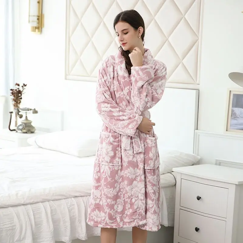 

Autumn Winter Women Warm Coral Fleece Bathrobe Winter Thick Flannel Thermal Bath Robe Kimono Dressing Gown Bride Peignoir