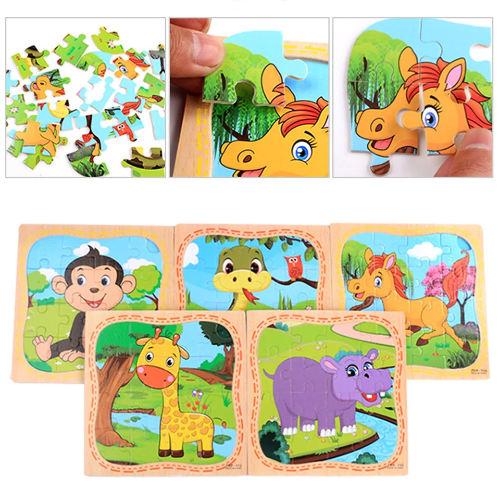 

2019 New Kids Toys 16Pcs Wooden Cartoon Animal Jigsaw Puzzles Educational Toy for Children Gifts