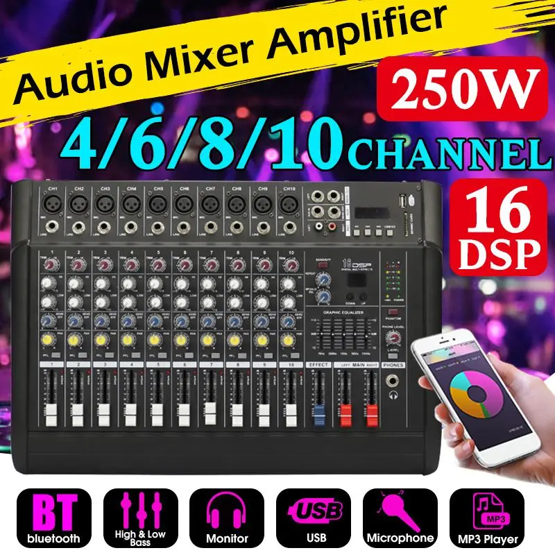 500W bluetooth аудио-микшер DJ микшерный пульт DSP 48В Мощность усилитель для музыкальная студия караоке вечерние 4/6/8/10 каналов