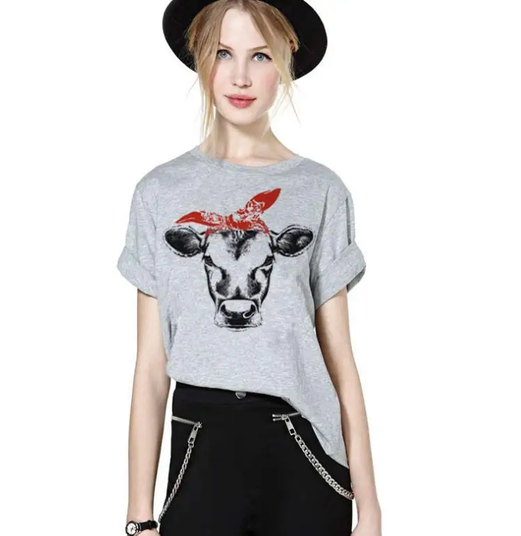 

2019 Female Summer Short Sleeve Loose Women Tops Creative Bullhead Bow-knot Printed Short-pen T-shirt Plus Size