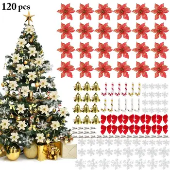 

120pcs/set Glitter Artificial Flowers Snowflake Bell for Christmas Tree Decor