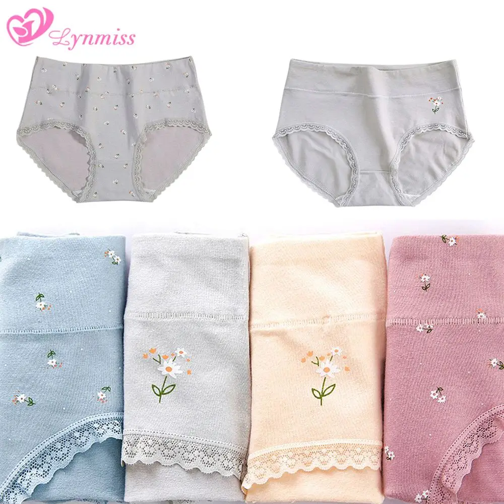 3Pcs Women Panties Cotton Flower Underwear Women Plus Size Panties Girl Briefs Mid-waist Comfortable Women Briefs M-XXL