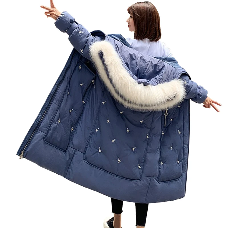 

2019 Winter Long Parkas Women Thicken Embroidery Down cotton Jacket Female Fur collar Hooded Cotton-padded Jacket Plus size G580