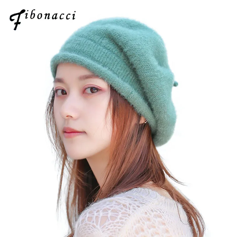 

Fibonacci Autumn Winter Women Berets Hat Solid Color Imitation Mink Fur Floppy Warm knitting Hat Cap