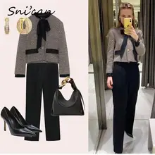 

Za Gray Plaid Black Bow Office Ladies Jacket Coat Fashion Autumn Winter Female Woolen Tweed Crop Tops Designer Abrigo Mujer 2021