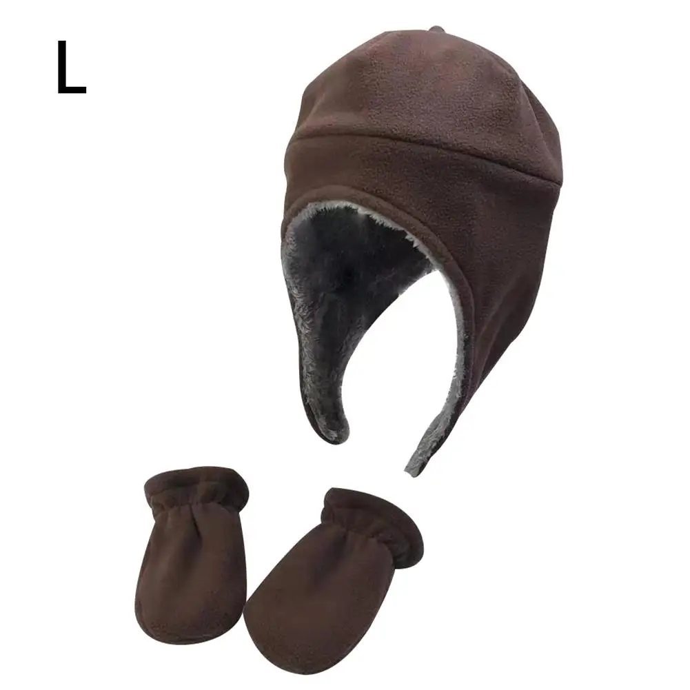 Новинка; сезон осень-зима; детская флисовая шапка; перчатки; Теплая Бархатная шапка для малышей; детские длинные наушники; детская одежда - Color: Brown