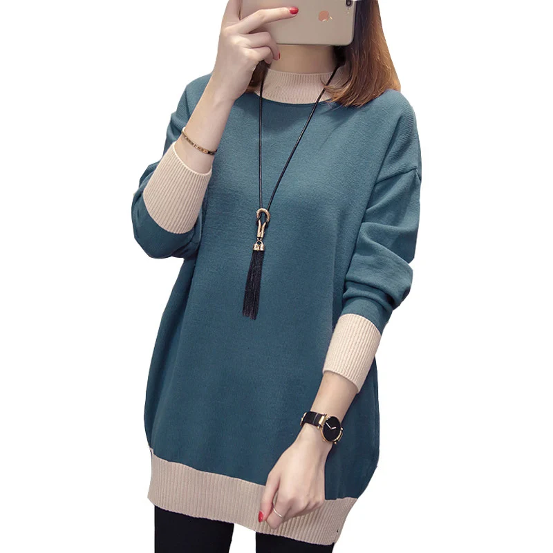 

Women Sweater Pullover Autumn Winter Loose Stitching Long-sleeved Knit Sweater Bottoming Shirt Plus Size 4XL Women Clothing 1020