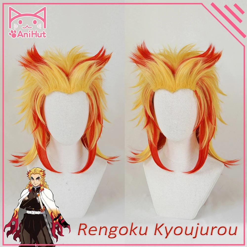 AniHut Rengoku Kyoujuro парик Kimetsu no Yaiba Косплей 45 см Желтый Красный синтетический термостойкий волос Rengoku Kyoujurou Косплей