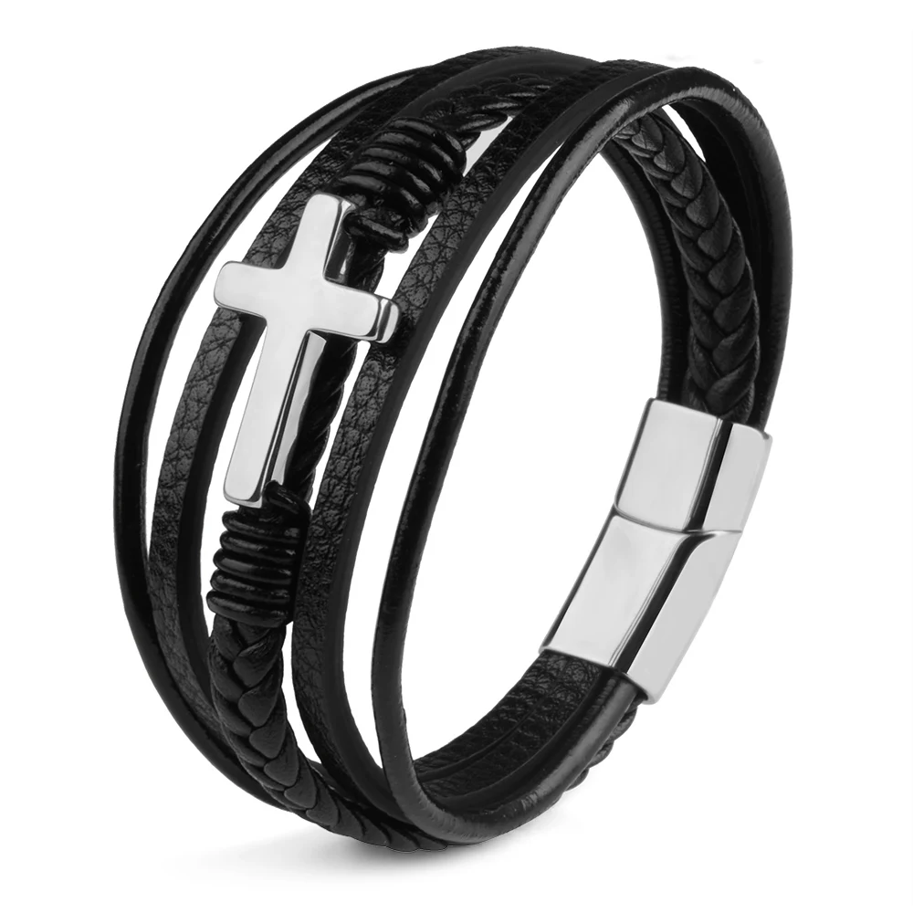 Cross Genuine Leather Bracelet Stainless Steel Magnetic Clasp ...