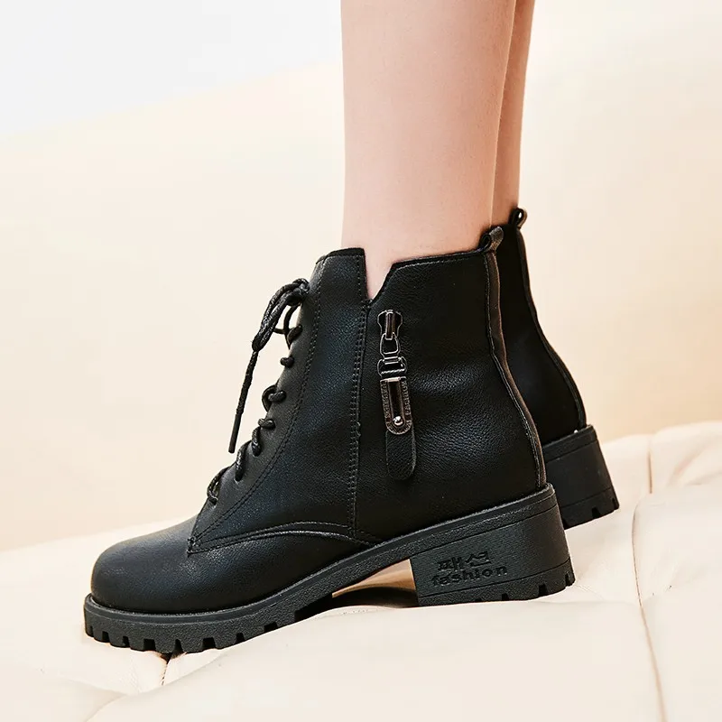 

Hot Sales 2019 Autumn & Winter Korean-style Chunky-Heel Lace-up round-Toe Martin Boots Women's Semi-high Heeled Versatile Fashio