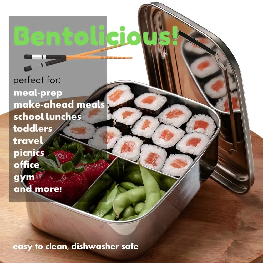 Контейнер для ланча Bento из нержавеющей стали с 3 отделениями, металлический Ланч-бокс для детей или взрослых без BPA