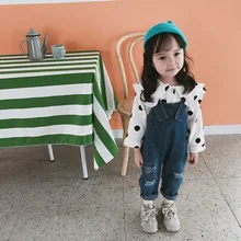 Осенние модные джинсовые комбинезоны с дырками для мальчиков и девочек детские повседневные универсальные брюки на подтяжках