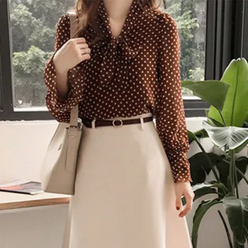 

KANCOOLD blouse Fashion Chiffon Women Long Sleeve Polka Dot V-Neck Casual Tops Bow Tie Shirts office lady new blouse 2020MAR14