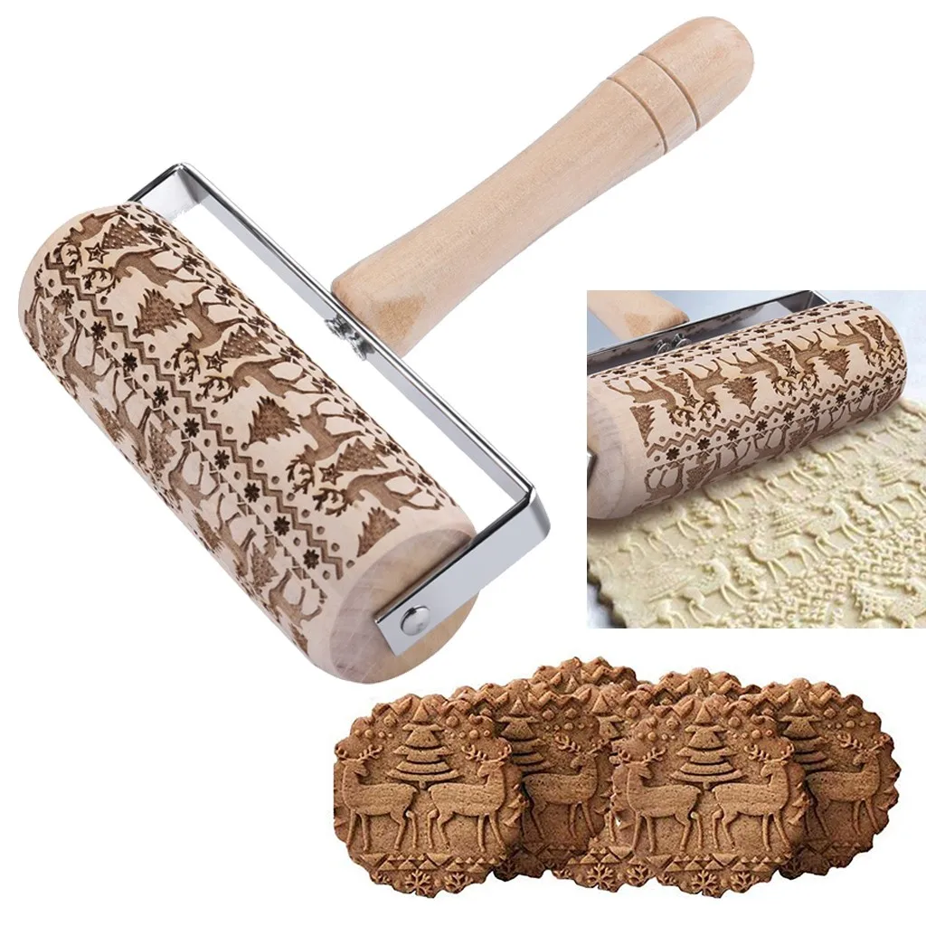Engraved 3D Embossing Rolling Pin Natural Wood Carved Rolling Pin Wooden Roller with Christmas Deer DIY Kitchen Tool for Homemade Baking Embossed Cookies Christmas Wooden Rolling Pins