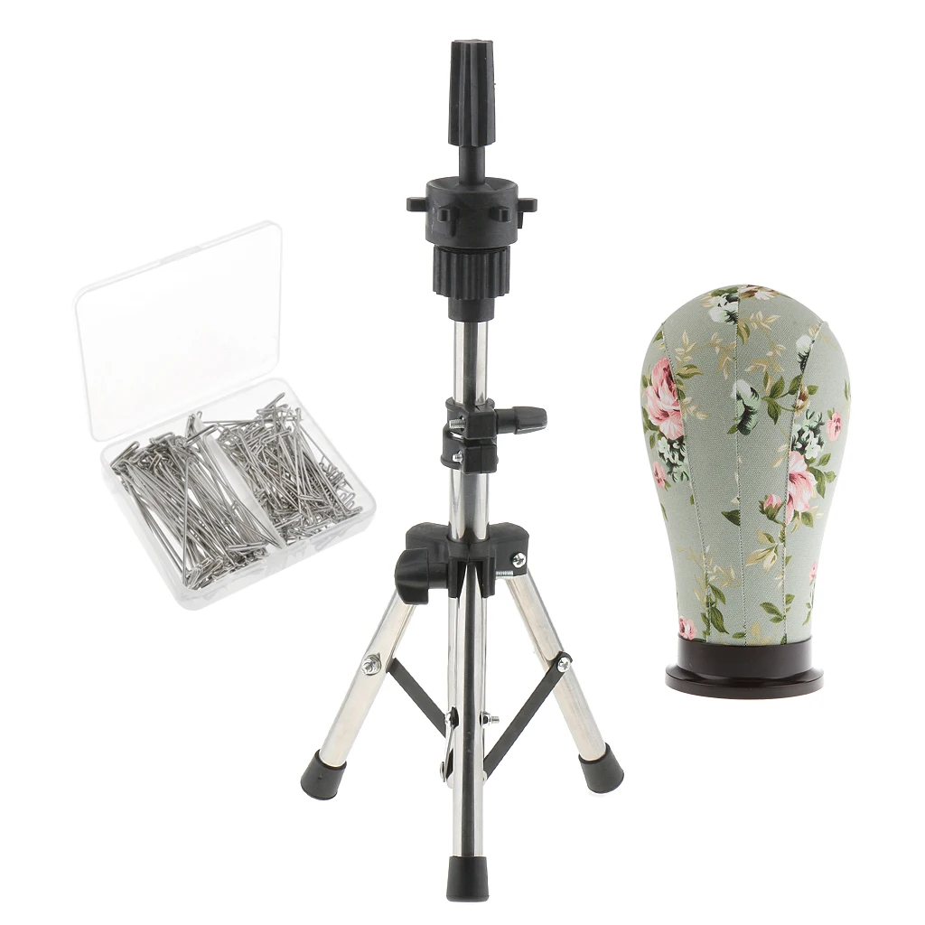 22' Mannequin Model Cork Canvas Block Head & Tripod Manikin Holder Stand with 150pcs 38mm / 51mm T Pins for Wig Making Display
