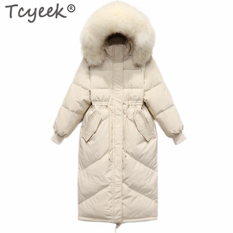 Tcyeek Winter White Duck Down Jacket Women Brand Clothes 2020 Korean X-Long Coat Large Fur Hooded Overcoat Hiver LW1638 | Женская одежда