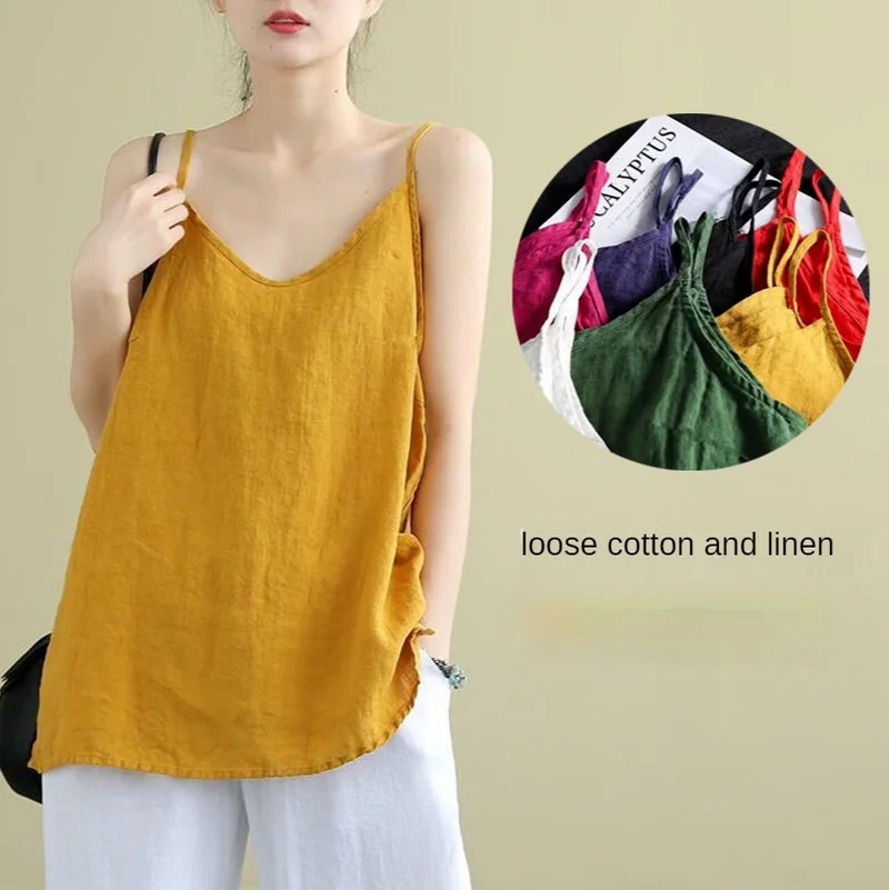 Women's Summer Top Cotton Linen Spaghetti Strap Top Women Halter V Neck Basic Yellow Sleeveless Tank Tops Loose Casual Camis 1